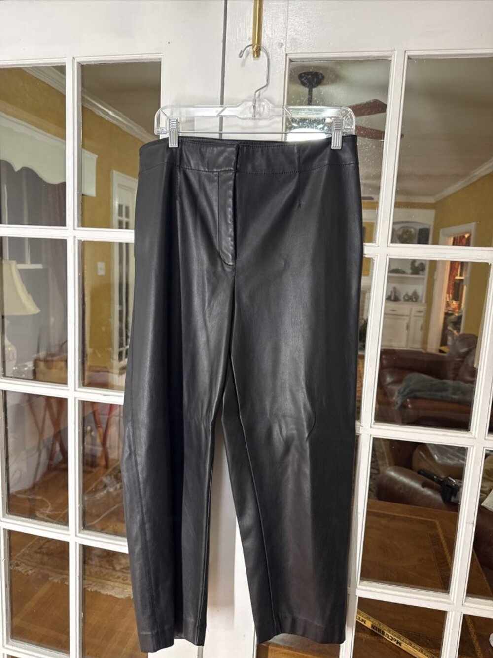 Ann Taylor Black Faux leather Pants Size 12 runs a little big Wide leg straight.